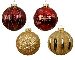 Stiklinis kalėdinis eglės žaisliukas BAUBLE, 4 rūšių, raudonos/auksinės sp., 10 cm, 1 vnt