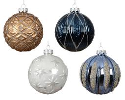 Stiklinis kalėdinis eglės žaisliukas BAUBLE, 4 rūšių, mėlynos/rusvos sp., 10 cm, 1 vnt