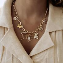 Retro Heart Teddy Bear Pendant Necklace with Bowknot & Flower - Sweet and Spicy Girl Style Clavicle Necklace for Women brown