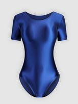 Aukščiausios kokybės suaugusiųjų ritminės gimnastikos triko Joga Bodysuit - Šilkinis Lygus Blizgus Šokio Apranga Pusiau Viršus T-Back M tamsiai mėlyna spalva