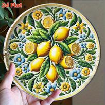 D bemolio rankų darbo keraminė sienos dekoracija su citrinų ir gėlių raštais Viduržemio jūros vasaros tema x cm apvali, patvari, kabinama dekoracija 20x20cm(8x8inch) yellow