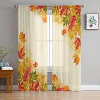 Rudens klevo lapų oranžinės languotos tiulio užuolaidos svetainei, permatomos užuolaidos miegamojo, virtuvės langui 135W x 114H(cm) beige