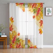 Rudens klevo lapų oranžinės languotos tiulio užuolaidos svetainei, permatomos užuolaidos miegamojo, virtuvės langui 135W x 114H(cm) white