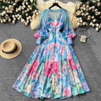 Vasaros atostogų gėlė ilga Maxi suknelė Moteriška V kaklo žibintuvėlis rankovės gėlių marginimas Big Swing Chiffon Boho chalatas Vestidos 2085 S mėlyna