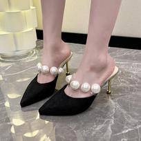 Fashion Women Slippers Pearl Black Sandals Summer Autumn Shoes 2024 Outdoor Thin High Heels Girl Pointed Toe Pumps Fashion Temperament 43 juoda