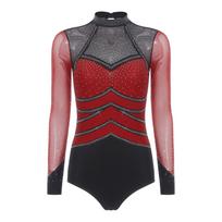 Moterų gimnastikos maudymosi kostiumas su kalnų krištolais, tinklinis, ilgomis rankovėmis, iškirpte nugaroje, sagomis tarpkojyje, spalvų blokų romperis/jumpsuitas XXL bordinė