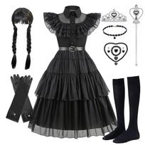 Vaikai Trečiadienis Addams suknelė Helovino kostiumai Suknelė Cosplay vakarėlio kostiumas 130cm black