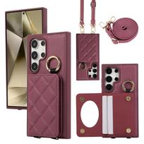 Crossbody Ilgas Dirželis Litchi rašto Tinklelio Kortelių Laikiklis Telefono Dėklas Samsung S26 Ultra S25 S24 Plus S23 S22 Nešiojamas Dangtelis Galaxy S25 Edge violetinė