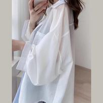 Summer Women's Sunscreen Clothing Transparent Striped Shirt Oversize Loose Long Sleeve Korean Sun Proof Blouse Pocket Sweet Tops M balta