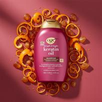 OGX Strength & Length + Keratin Oil Fortifying Anti-Frizz Shampoo for Damaged Hair & Split Ends, with Keratin Proteins & Argan Oil, Paraben-Free, orange