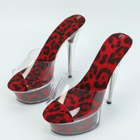 Seksualios moteriškos šlepetės naktiniame klube Leopard Crystal 15cm sandalai su kulnu LFD-190-99 39 raudona