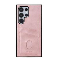 Prabangi odinė kortelių dėtuvė telefono dėklas Samsung S25 Ultra S24 FE S23 S22 S21 A56 A36 A16 A55 A06 A26 A15 minkšto krašto smūgiams atsparus kietas PC galinis dangtelis Samsung S21 FE rožinė