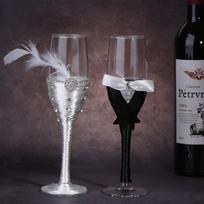 Elegantiškas nėriniuotas vestuvinis šampano taurių rinkinys Romantiškos poros taurės Nuotakos ir jaunikio dovana 201-300ml gray