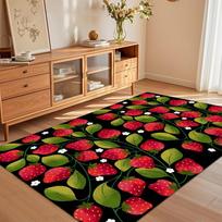 Mielas juodas kilimas su braškių ir gėlių raštu, neslystantis, minkštas grindų kilimas svetainei, miegamajam, vaikų kambariui, žaismingas vaisių dekoras 40x60cm black