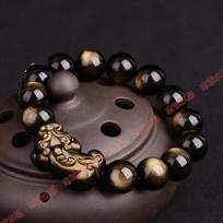 Natural Gold Obsidian Pixiu Bracelet8-16mm Men's and women's smooth curved leather beaded bracelet with East China Sea crystal 10mm gray