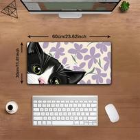 Gaming Mouse Pad Large Desk MatStitched Edges Black White Cat with Purple Flowers Print Keyboard Pad for Gamer Home Office 300x800x2mm white