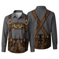 Men's Retro Oktoberfest Print Long Sleeve Cardigan Shirt - Vintage Festival Casual Button Up Top XXL gray
