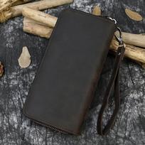 Vyriška Crazy Horse odos ilga piniginė, natūralios odos piniginė su dvigubu užtrauktuku, dvigubo sluoksnio karvės odos delninė, retro laisvalaikio mobiliojo telefono krepšys black
