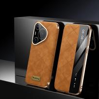 Natūralios odos dėklas Huawei Pura 80 Pro Plus Pura80 Ultra dėklui Pura 70 Pro+ dangtelis Išmanusis langelis Stiklinis objektyvo korpusas Huawei Pura 80 Pro ruda