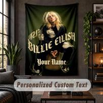 Personalized Wall Tapestry,Billie Eilish Custom Text, Soft Fabric Wall Art For Indoor Decoration 100cmx150cm black
