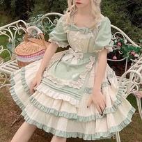 Platycodon Manor Design Lolita Dress Pastoral Style Op Short Sleeve Dress XS žalia