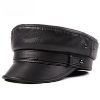 100% avikailio karinė kepurė - XXL natūralios odos plokščia viršūne vyrams/moterims, vintažinio roko stiliaus unisex galvos apdangalas, kapitono kepurė 55-56cm black