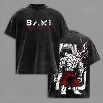 Baki Anime T-shirt Manga Printed Tshirt Men‘s Clothing Vintage Washed Oversized T Shirt Short Sleeve  Tees Tops XL black
