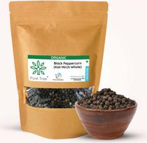 Pure Tree sertifikuoti ekologiški Kali Mirch visos pipirų kruopos | 100 g | Ekologiški juodieji pipirai visos kruopos | Juodieji pipirai | Aromatinės sėklos | Miriyalu visos prieskoninės kruopos white