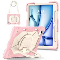 For IPad Air 11 M4 2026 Case/Air 11 M3 2025 Silicon+PC 360 Rotation Stand Kids Tablets Cover with Pen Slot and Shoulder Strap iPad Air 11 M3 2025 pink