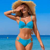 Women Sexy Solid High Elastic Split Three Piece Push Up Bikini Swimsuit XL dangaus mėlyna spalva