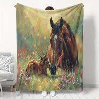Soft Flannel Fleece Blanket with Horse Pattern - Cozy All-Season Throw for Sofa, Office Nap, and Travel, Reversible Printed Polyester Cover, 200-250g 75X95CM beige