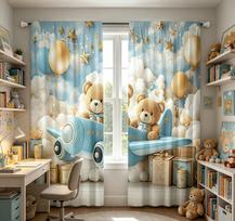 2 vnt. skaitmeniniu būdu spausdinamos užuolaidos, skraidantis lokys animacinis mielas vaikų gyvūnas, su raišteliais langų užuolaidos svetainės miegamojo dekoravimui 60x150cmx2&Rod pocket &2 panels white