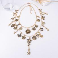 Personalized Trendy Retro Gold Color Alloy Sun Moon Star Chain Necklace For Women  Versatile Jewelry Accessories beige