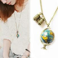 Women's Vintage Globe Planet Earth World Map Ball Binocle Pendant Long Necklace beige