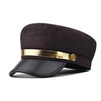 Cotton Sailor Cap Gold Band Flat Top Beret Vintage Captain Hat  For Men Women kava