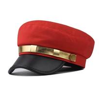 Cotton Sailor Cap Gold Band Flat Top Beret Vintage Captain Hat  For Men Women raudona