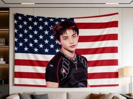 K-pop Hyunjin American Flag Tapestry For Fans Perfect Gift for Hyunjin Fans Suitable For Bedroom Aesthetic Wall Hanging Decor 100X70CM blue