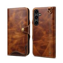 Retro natūralios odos dėklas-piniginė su dirželiu ir kortelių kišenėmis, skirtas Samsung Galaxy S25 Ultra S24 Plus S23 FE S21 5G for Galaxy S25 Plus&Case & Strap brown