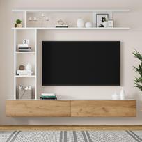 180*35*22.5cm TV Wall Unit Set with Display Cabinets, incl. TV Board, Standing Shelf, Wall Shelf, Standing & Hanging, TV up to 80', White + Wood