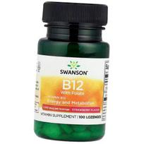 Vitaminas B12 su folatu, Vitamin B12 with Folate, Swanson 100 ledinukų Braškių skonio (36280221) 100Lozenges Strawberry