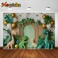 Mocsicka Photography Background Cute Dinosaur Palm Leaf Balloon Decoration Backdrops Baby Shower Cake Smash Studio Props Banner Ploy-300x200cm gray