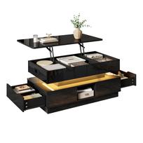Coffee Table High-Gloss Height-Adjustable with Storage Space LED Lighting Socket Lift-Top Living Room Table Drawers Storage 90 x 48 x 42.5 cm juoda