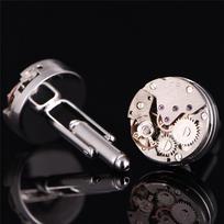 1 pora vintažinių vyriškų sąsagų su laikrodžio mechanizmu, vestuvinės, sidabrinės, steampunk stiliaus white