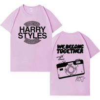 White Oversized Cotton T-Shirt Featuring Harry Styles’ Together Logo,  We Belong Together  Quote, Camera Graphic and His Signature for Devoted Fans XXXL gray