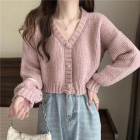 Women's Lazy Korean-Style Loose Short Slimming Autumn Winter Cardigan Sweater Coat Outerwear Long Sleeve Knit Top One Size rožinė