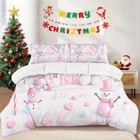 3pcs Christmas print quilt set Gingerbread House Pink Snowman Winter Bedding Soft Cozy Bedclothes Sweet Bedroom Decoration Duvet Cover Set&US Queen(228x228cm) white