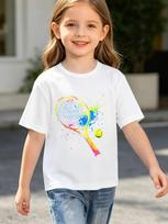 Kids Short Sleeve T Shirt Color Splash Tennis Racket And Tennis Ball Graphic Print Crew Neck Casual Boys Girls Sports Top 120 white