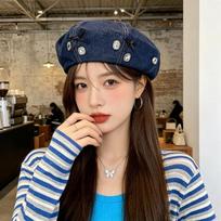 Women S Denim Beret Hat With Bowknot Rhinestone Spring Autumn Sun Protection One Size gray