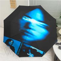 singer Billie Eilish Print Automatic Umbrella, 8 Rib Iron Frame, Plastic Handle, Suitable for Outdoor Travel &Daily , Ideal Gift Three-fold umbrella blue