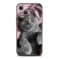 Britų trumpaplaukis katinas Prabangus telefono dėklas iPhone 11 12 13 14 15 16 Pro Max Mini X XR XS 7 8 Plus SE Silikoninis dėklas Juodas Funda iPhone 15 Plus gray